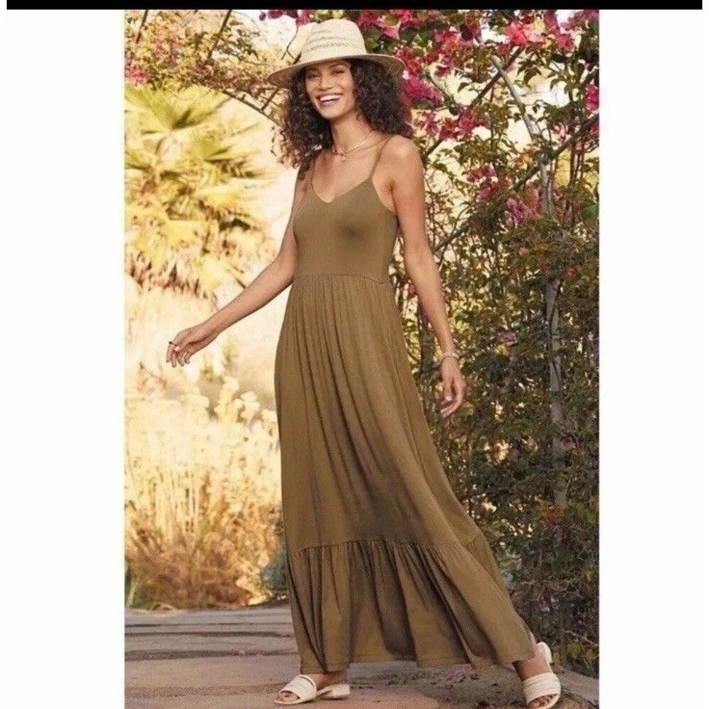Evereve Eloise Tiered Maxi Dress Size Small Green Brown Mustard Sleeveless